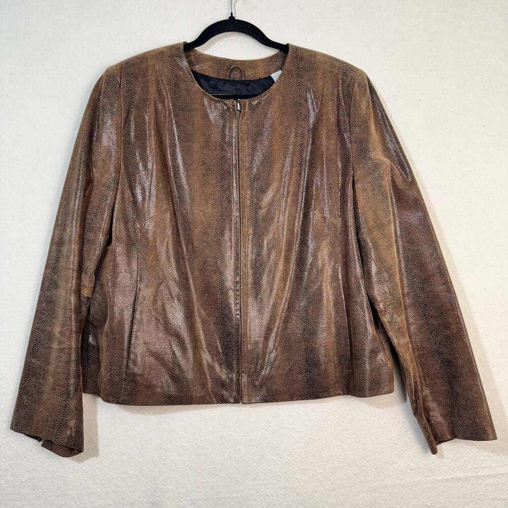 Valerie Steven’s Collarless Brown Snakeskin Print Leather Jacket Size X-Large XL